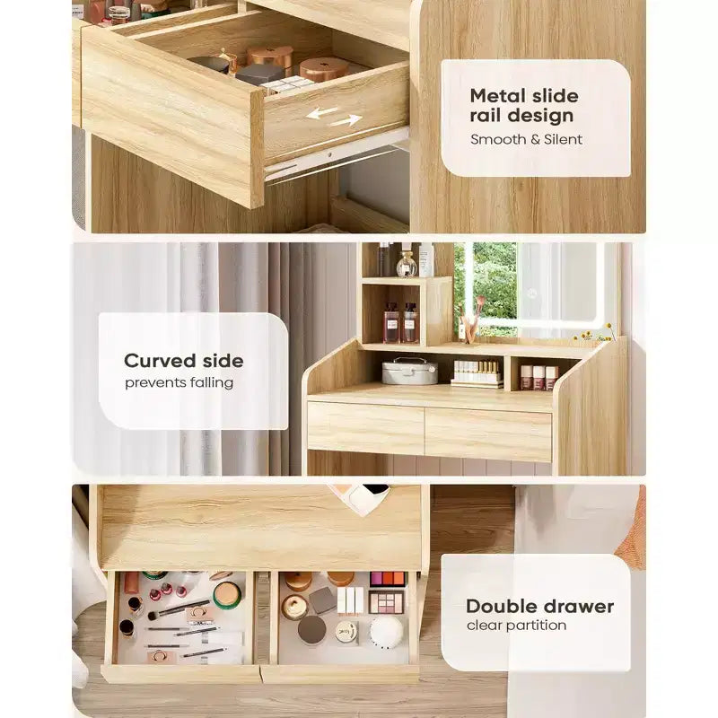 Coiffeuse moderne avec miroir LED — Bois clair / Rose / Blanc, 1 personne