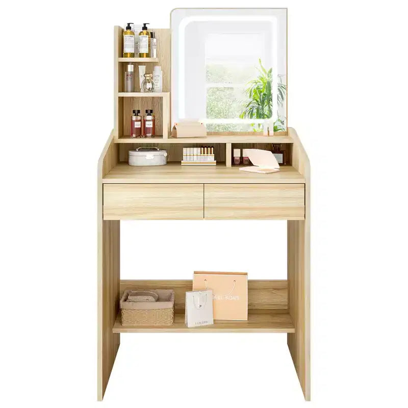Coiffeuse moderne avec miroir LED — Bois clair / Rose / Blanc, 1 personne