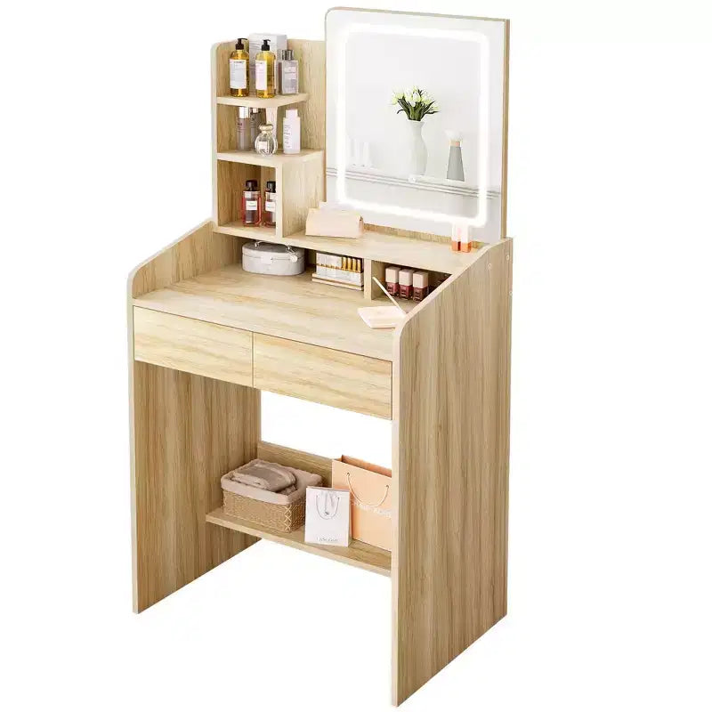Coiffeuse moderne avec miroir LED — Bois clair / Rose / Blanc, 1 personne