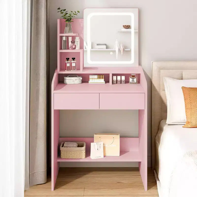 Coiffeuse moderne avec miroir LED — Bois clair / Rose / Blanc, 1 personne