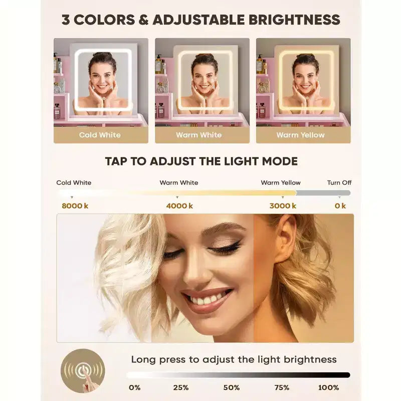 Coiffeuse moderne avec miroir LED — Bois clair / Rose / Blanc, 1 personne