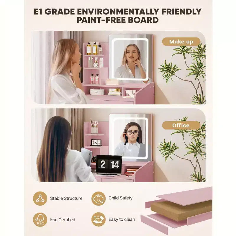 Coiffeuse moderne avec miroir LED — Bois clair / Rose / Blanc, 1 personne