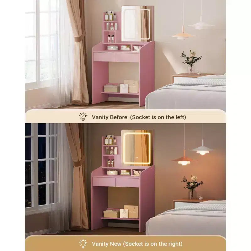 Coiffeuse moderne avec miroir LED — Bois clair / Rose / Blanc, 1 personne