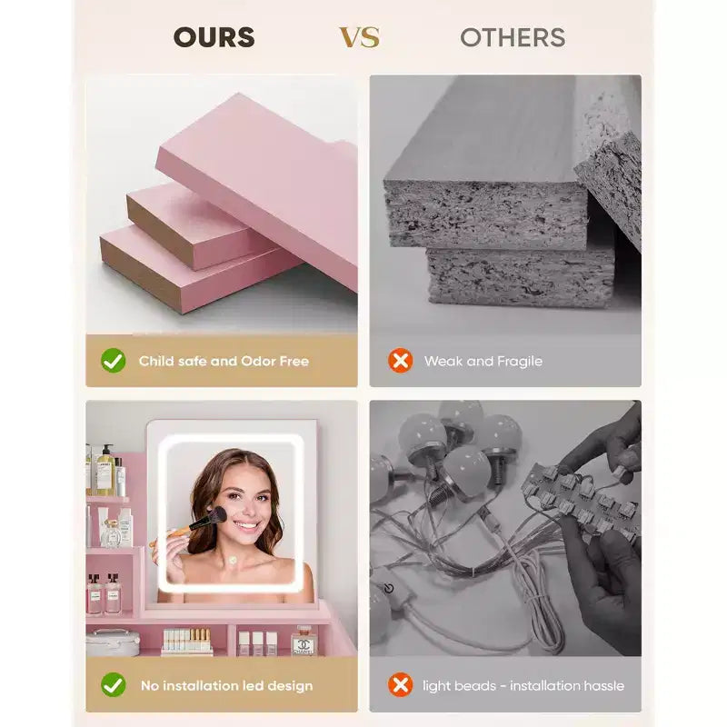 Coiffeuse moderne avec miroir LED — Bois clair / Rose / Blanc, 1 personne