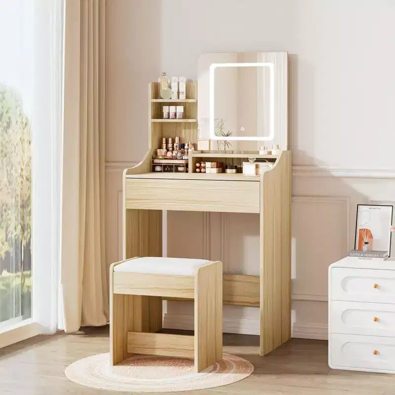 Coiffeuse moderne avec miroir LED — Bois clair / Rose / Blanc, 1 personne