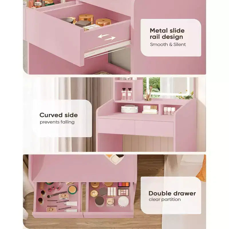 Coiffeuse moderne avec miroir LED — Bois clair / Rose / Blanc, 1 personne