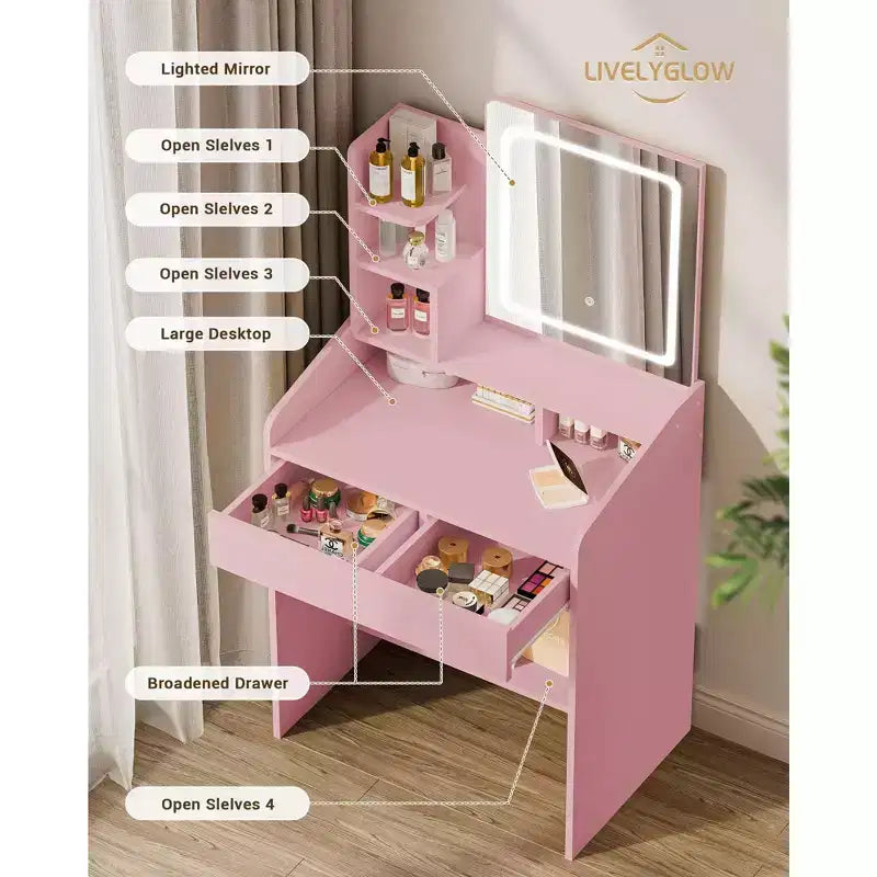 Coiffeuse moderne avec miroir LED — Bois clair / Rose / Blanc, 1 personne