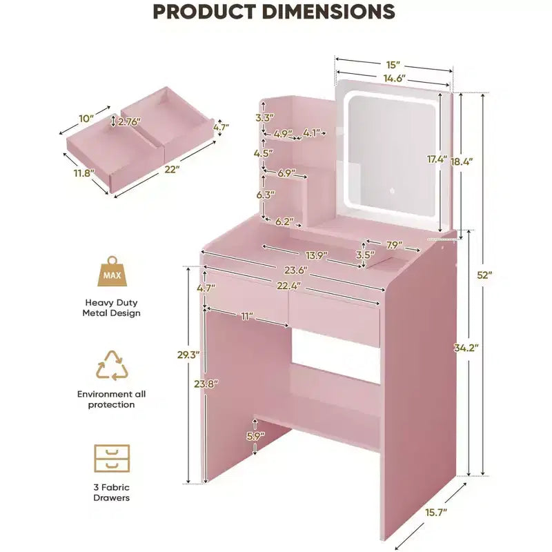 Coiffeuse moderne avec miroir LED — Bois clair / Rose / Blanc, 1 personne
