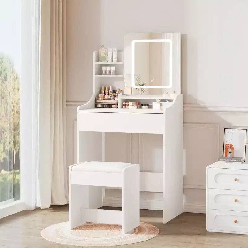 Coiffeuse moderne avec miroir LED — Bois clair / Rose / Blanc, 1 personne