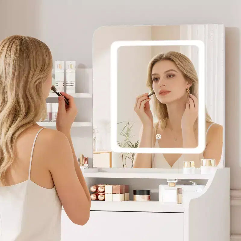Coiffeuse moderne avec miroir LED — Bois clair / Rose / Blanc, 1 personne