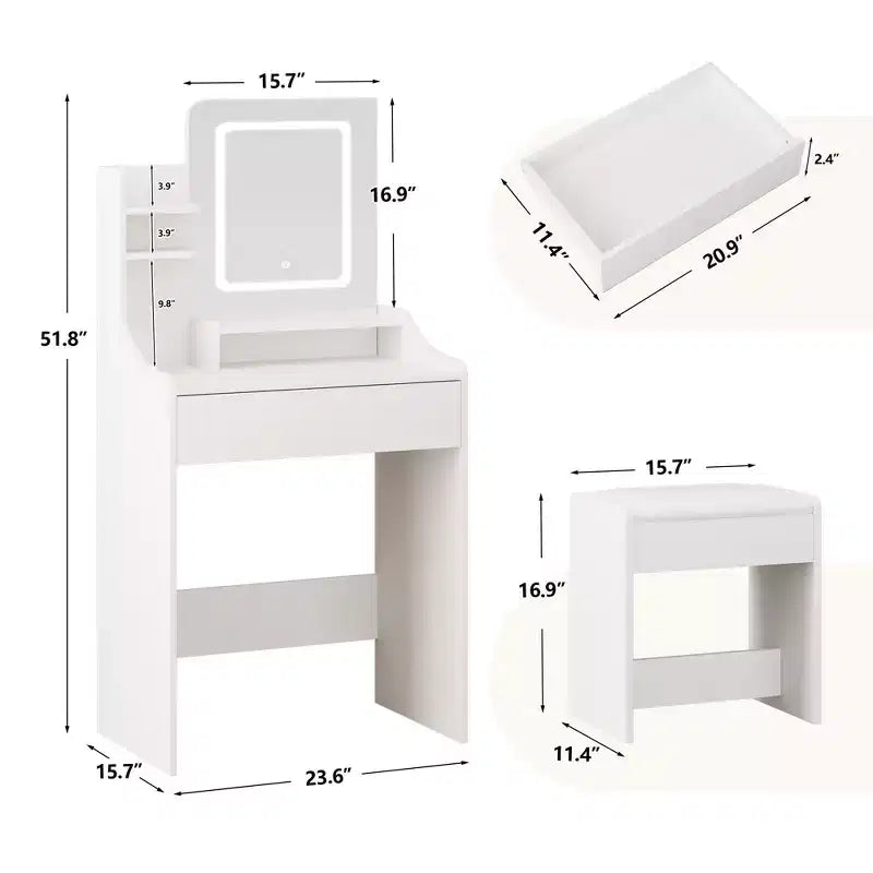 Coiffeuse moderne avec miroir LED — Bois clair / Rose / Blanc, 1 personne
