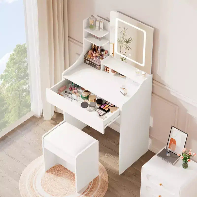 Coiffeuse moderne avec miroir LED — Bois clair / Rose / Blanc, 1 personne