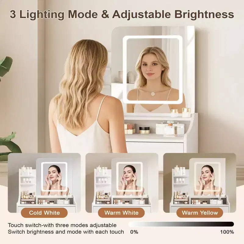 Coiffeuse moderne avec miroir LED — Bois clair / Rose / Blanc, 1 personne