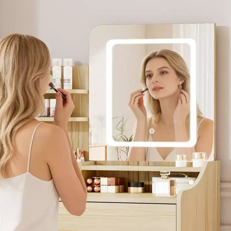 Coiffeuse moderne avec miroir LED — Bois clair / Rose / Blanc, 1 personne