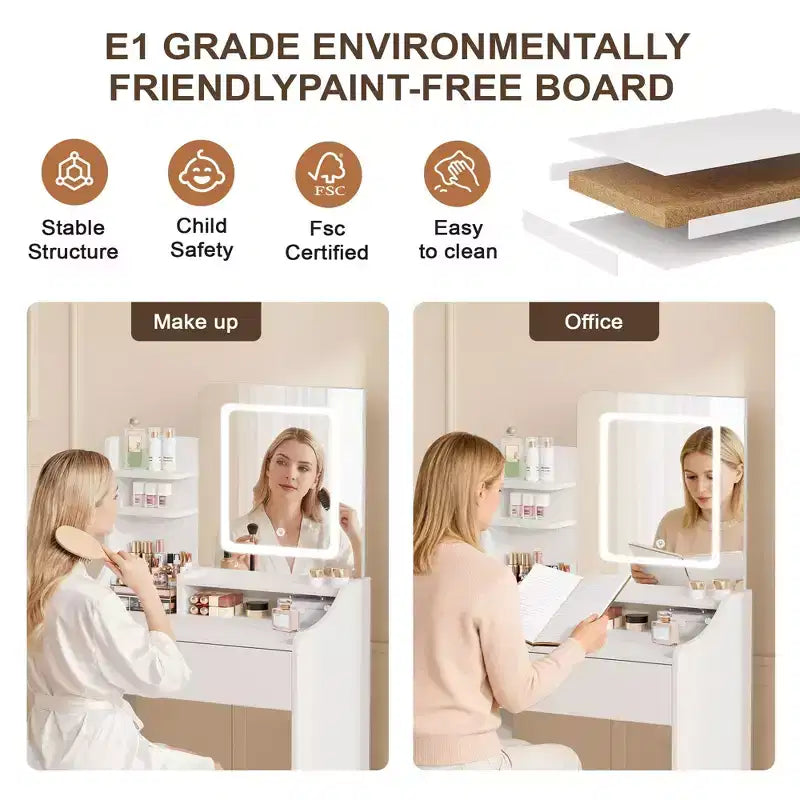 Coiffeuse moderne avec miroir LED — Bois clair / Rose / Blanc, 1 personne