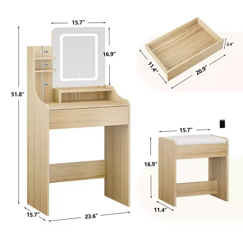 Coiffeuse moderne avec miroir LED — Bois clair / Rose / Blanc, 1 personne
