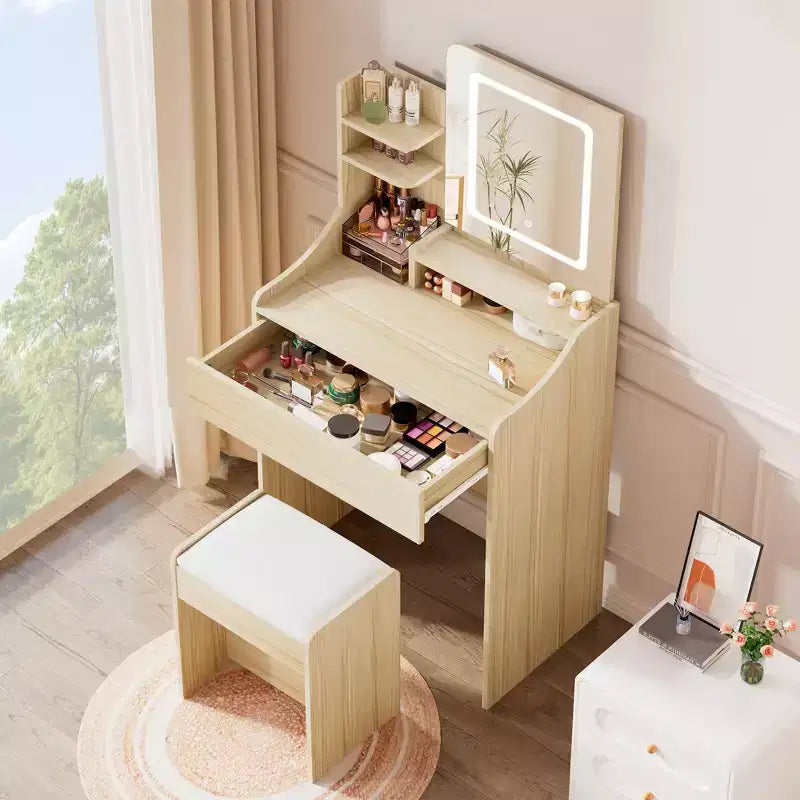 Coiffeuse moderne avec miroir LED — Bois clair / Rose / Blanc, 1 personne