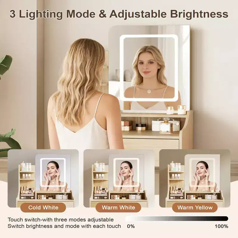 Coiffeuse moderne avec miroir LED — Bois clair / Rose / Blanc, 1 personne