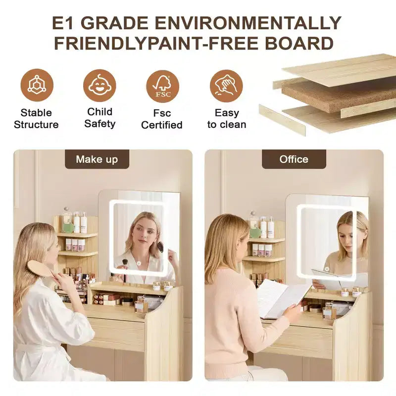 Coiffeuse moderne avec miroir LED — Bois clair / Rose / Blanc, 1 personne