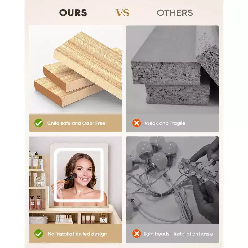 Coiffeuse moderne avec miroir LED — Bois clair / Rose / Blanc, 1 personne