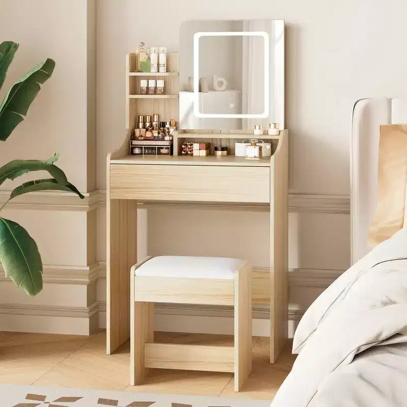 Coiffeuse moderne avec miroir LED — Bois clair / Rose / Blanc, 1 personne