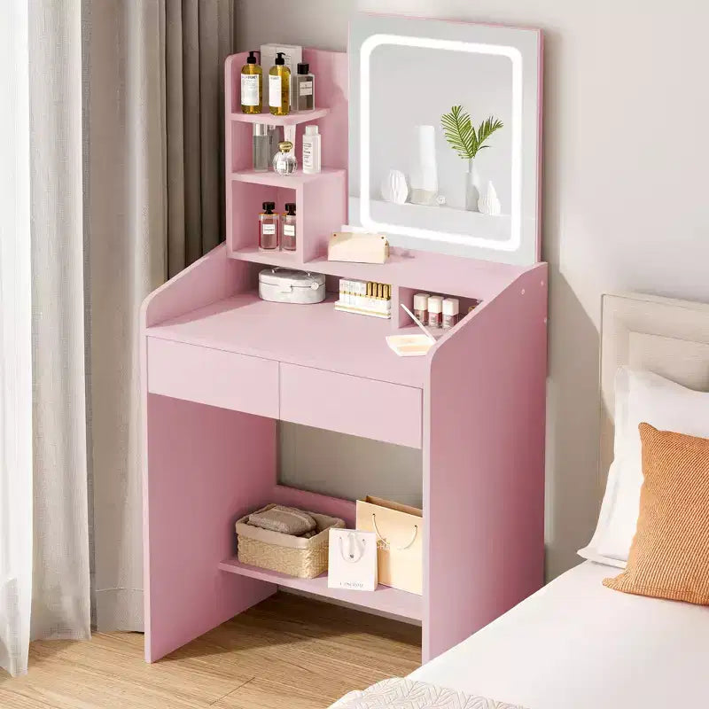 Coiffeuse moderne avec miroir LED — Bois clair / Rose / Blanc, 1 personne