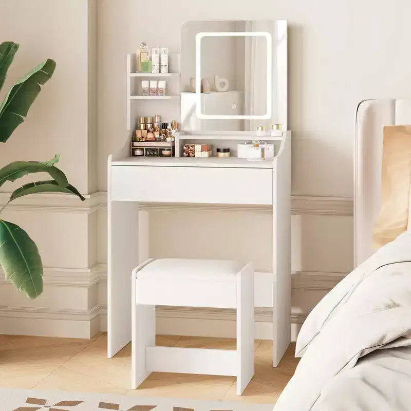 Coiffeuse moderne avec miroir LED — Bois clair / Rose / Blanc, 1 personne