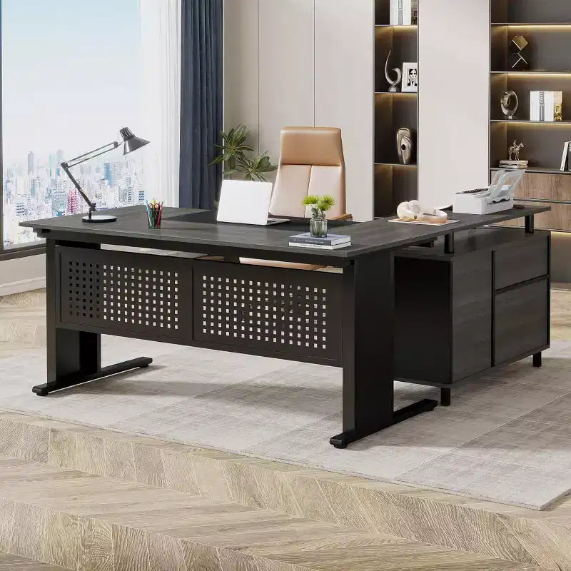 Bureau de direction en forme de L de 160 cm avec classeur et rangement — Noir/Marron, Gris/Noir, Blanc/Marron — 1 à 2 personnes