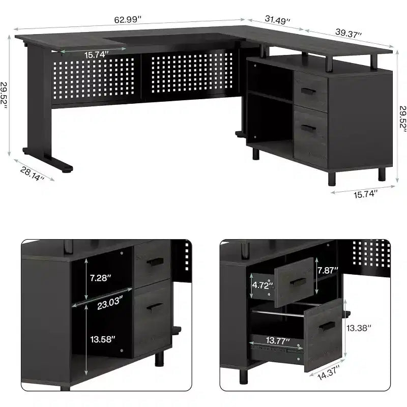 Bureau de direction en forme de L de 160 cm avec classeur et rangement — Noir/Marron, Gris/Noir, Blanc/Marron — 1 à 2 personnes