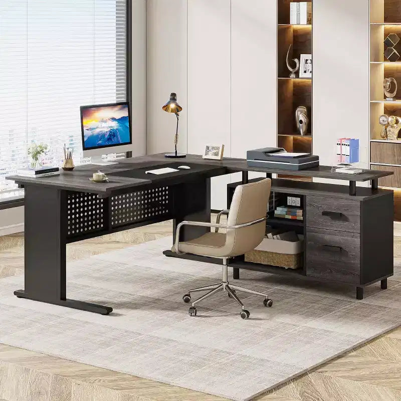 Bureau de direction en forme de L de 160 cm avec classeur et rangement — Noir/Marron, Gris/Noir, Blanc/Marron — 1 à 2 personnes