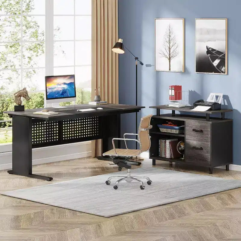 Bureau de direction en forme de L de 160 cm avec classeur et rangement — Noir/Marron, Gris/Noir, Blanc/Marron — 1 à 2 personnes