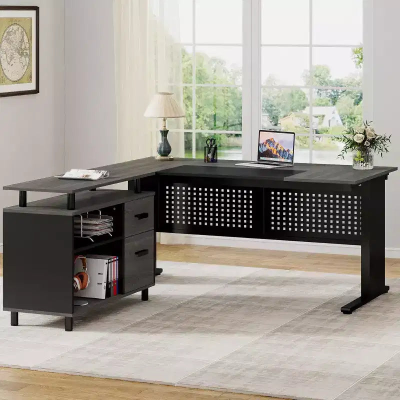 Bureau de direction en forme de L de 160 cm avec classeur et rangement — Noir/Marron, Gris/Noir, Blanc/Marron — 1 à 2 personnes