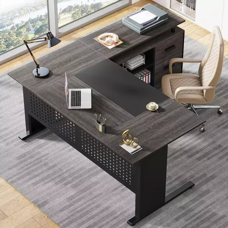 Bureau de direction en forme de L de 160 cm avec classeur et rangement — Noir/Marron, Gris/Noir, Blanc/Marron — 1 à 2 personnes