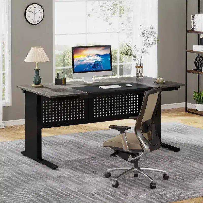 Bureau de direction en forme de L de 160 cm avec classeur et rangement — Noir/Marron, Gris/Noir, Blanc/Marron — 1 à 2 personnes