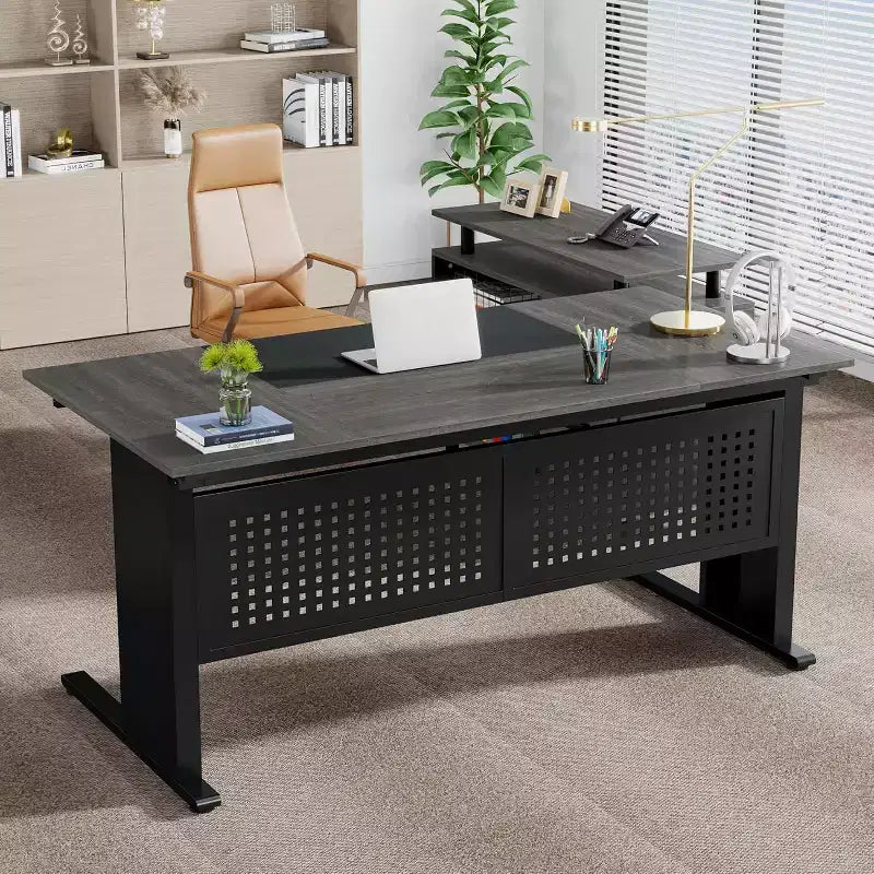 Bureau de direction en forme de L de 160 cm avec classeur et rangement — Noir/Marron, Gris/Noir, Blanc/Marron — 1 à 2 personnes