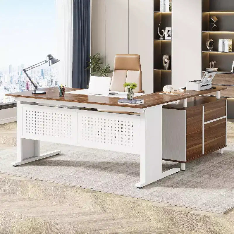 Bureau de direction en forme de L de 160 cm avec classeur et rangement — Noir/Marron, Gris/Noir, Blanc/Marron — 1 à 2 personnes