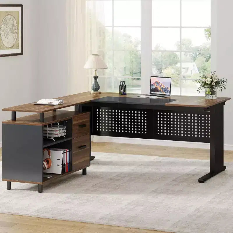 Bureau de direction en forme de L de 160 cm avec classeur et rangement — Noir/Marron, Gris/Noir, Blanc/Marron — 1 à 2 personnes