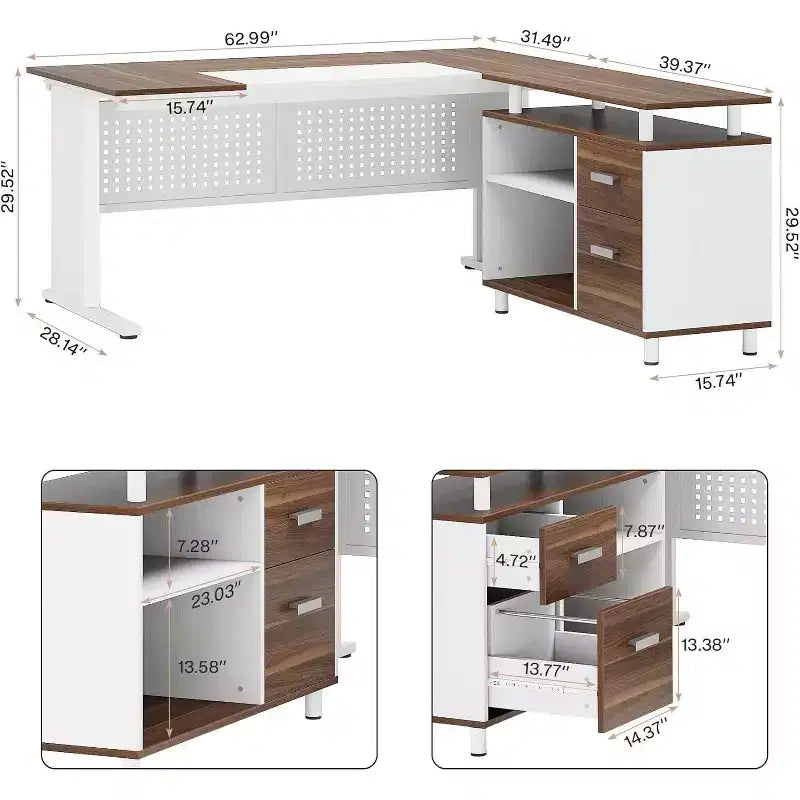 Bureau de direction en forme de L de 160 cm avec classeur et rangement — Noir/Marron, Gris/Noir, Blanc/Marron — 1 à 2 personnes