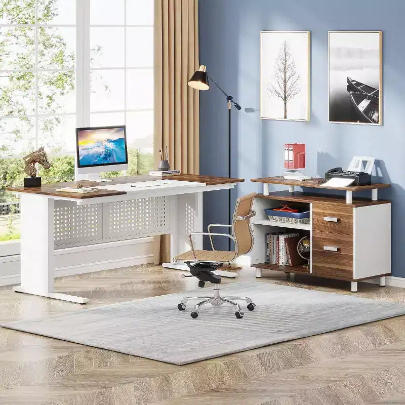 Bureau de direction en forme de L de 160 cm avec classeur et rangement — Noir/Marron, Gris/Noir, Blanc/Marron — 1 à 2 personnes