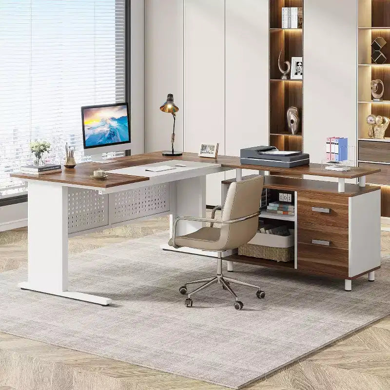 Bureau de direction en forme de L de 160 cm avec classeur et rangement — Noir/Marron, Gris/Noir, Blanc/Marron — 1 à 2 personnes