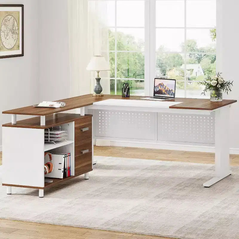 Bureau de direction en forme de L de 160 cm avec classeur et rangement — Noir/Marron, Gris/Noir, Blanc/Marron — 1 à 2 personnes
