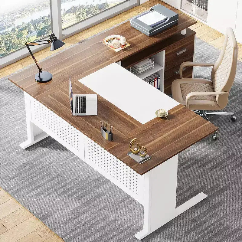 Bureau de direction en forme de L de 160 cm avec classeur et rangement — Noir/Marron, Gris/Noir, Blanc/Marron — 1 à 2 personnes