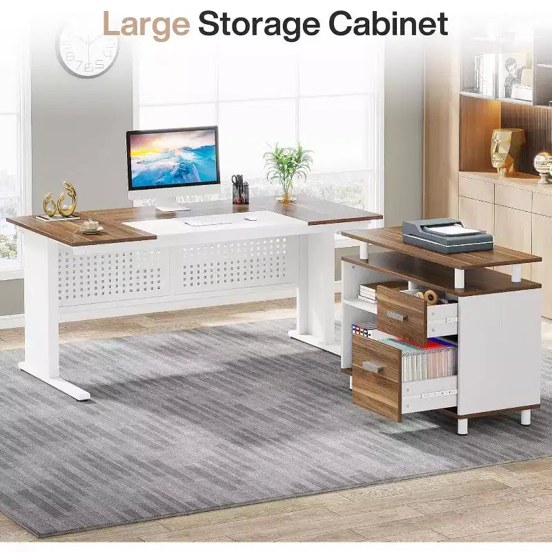 Bureau de direction en forme de L de 160 cm avec classeur et rangement — Noir/Marron, Gris/Noir, Blanc/Marron — 1 à 2 personnes