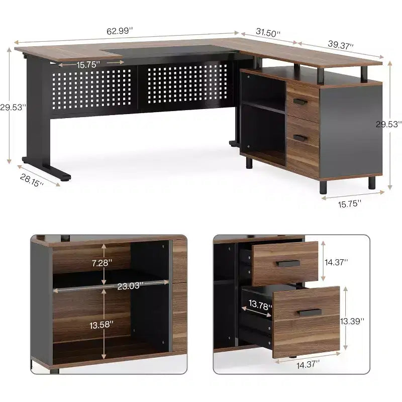 Bureau de direction en forme de L de 160 cm avec classeur et rangement — Noir/Marron, Gris/Noir, Blanc/Marron — 1 à 2 personnes