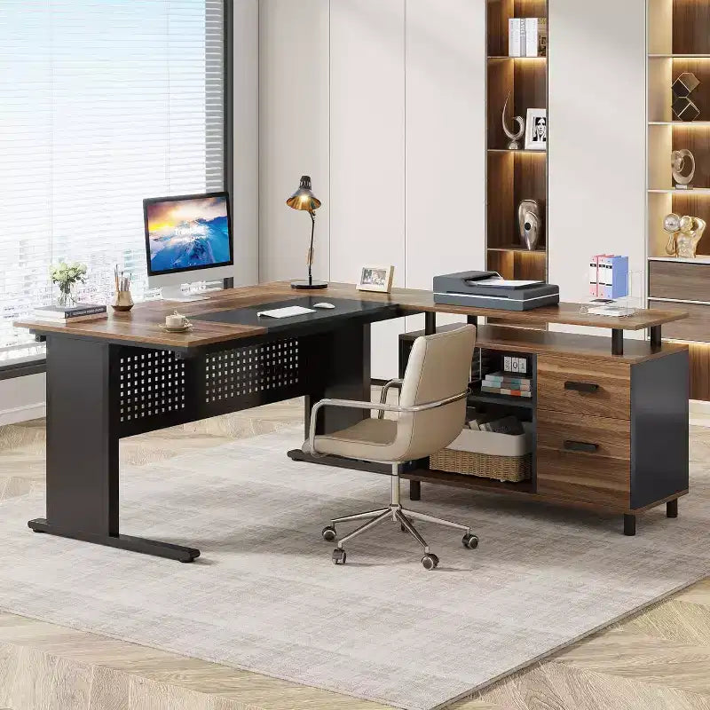 Bureau de direction en forme de L de 160 cm avec classeur et rangement — Noir/Marron, Gris/Noir, Blanc/Marron — 1 à 2 personnes