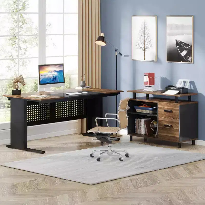 Bureau de direction en forme de L de 160 cm avec classeur et rangement — Noir/Marron, Gris/Noir, Blanc/Marron — 1 à 2 personnes