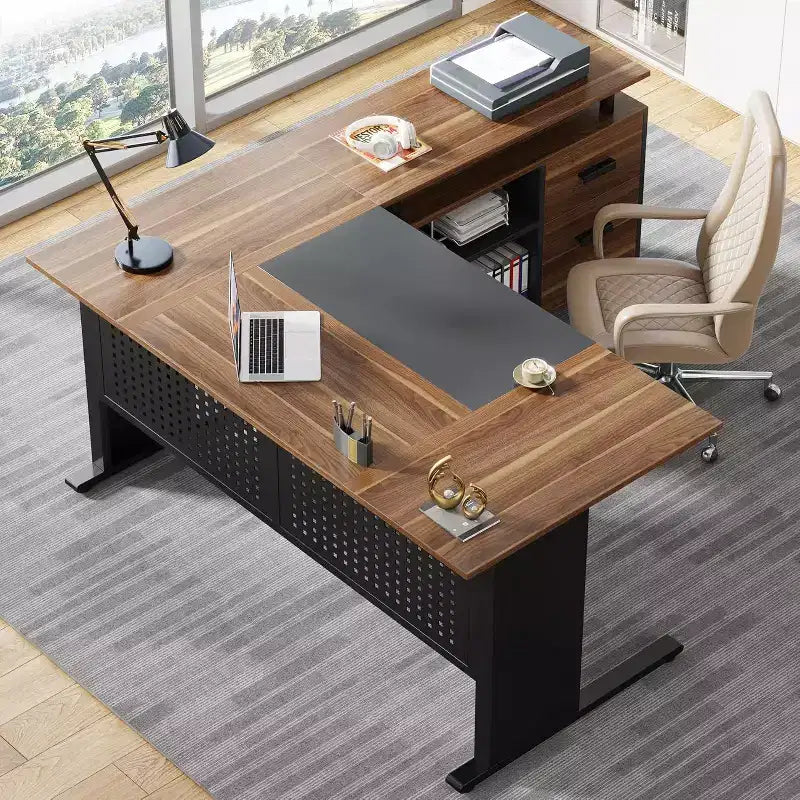 Bureau de direction en forme de L de 160 cm avec classeur et rangement — Noir/Marron, Gris/Noir, Blanc/Marron — 1 à 2 personnes