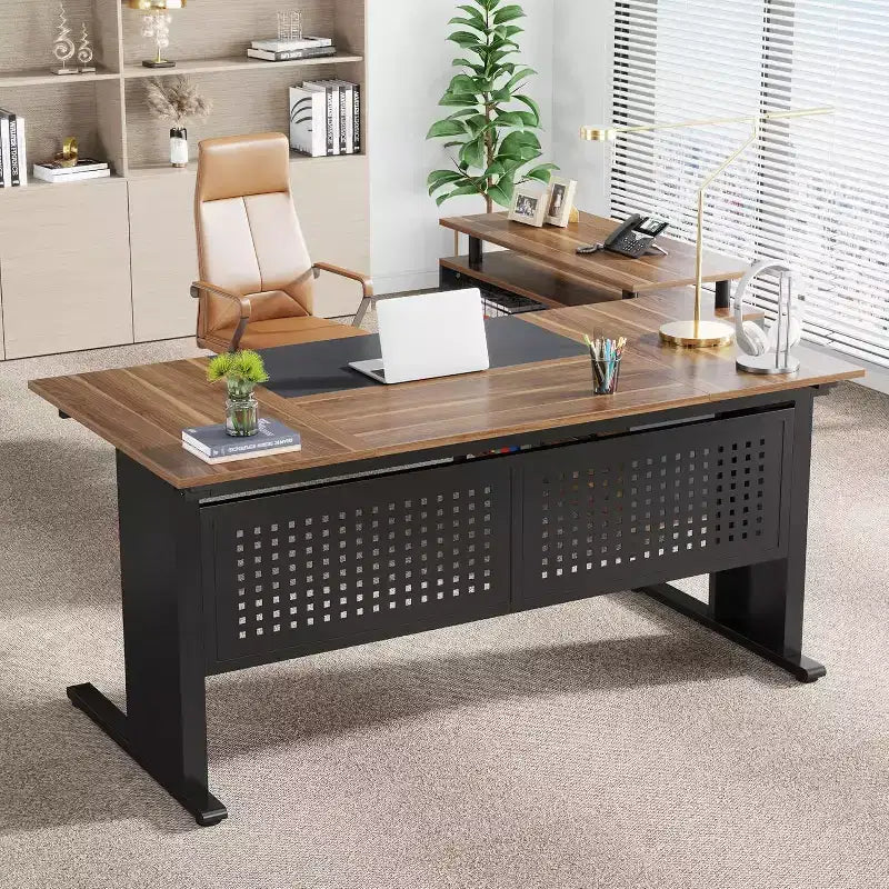 Bureau de direction en forme de L de 160 cm avec classeur et rangement — Noir/Marron, Gris/Noir, Blanc/Marron — 1 à 2 personnes