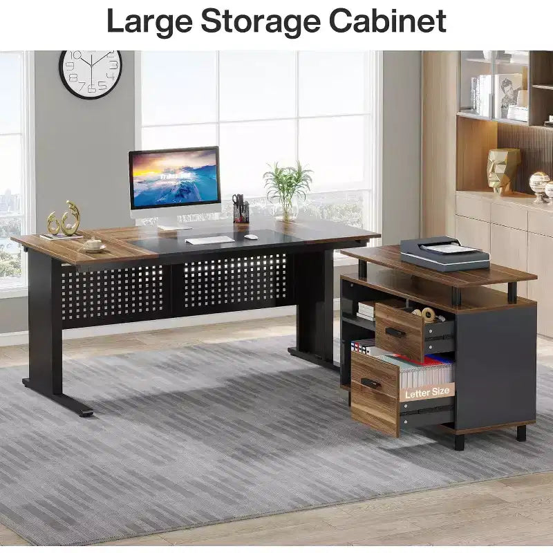 Bureau de direction en forme de L de 160 cm avec classeur et rangement — Noir/Marron, Gris/Noir, Blanc/Marron — 1 à 2 personnes