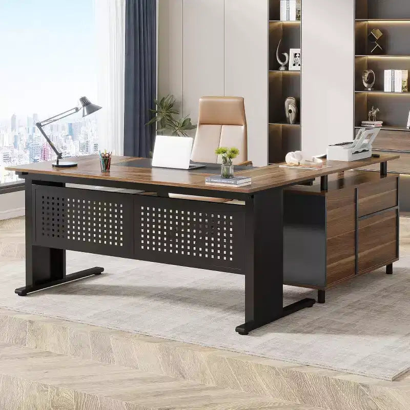 Bureau de direction en forme de L de 160 cm avec classeur et rangement — Noir/Marron, Gris/Noir, Blanc/Marron — 1 à 2 personnes